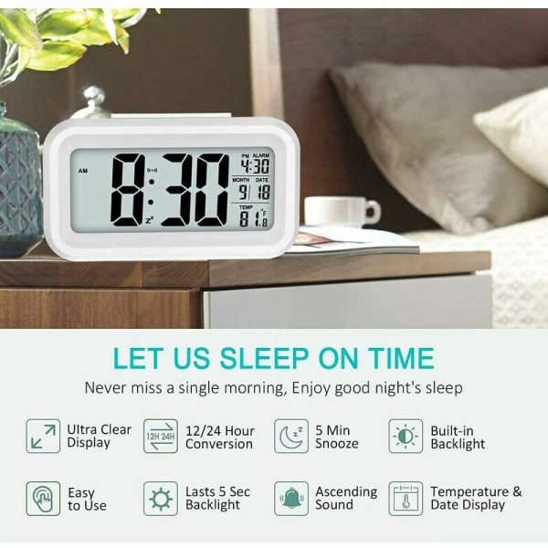 Digital väckarklocka morgonväckning, digital klocka batteridriven tyst väckarklocka för barn vuxna stor LED-display temperaturkalender (vit)