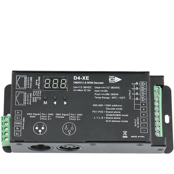 D4-XE 4CH PWM vakiojännite CV DMX512 RDM LED-dekooderiohjain digitaalisella näytöllä XLR3 RJ45 DC12V 24V 36V