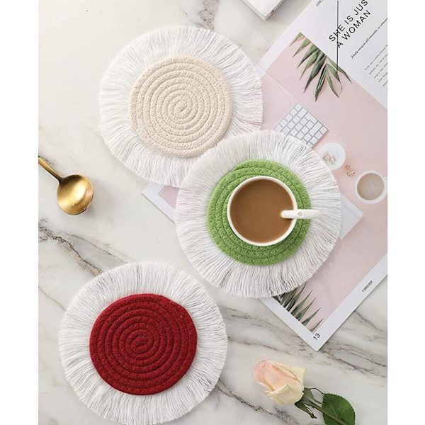 6 stk Runde Boho Makrame Drikkeunderlag Håndvævede Genanvendelige Absorberende Kvaster Varmepuder