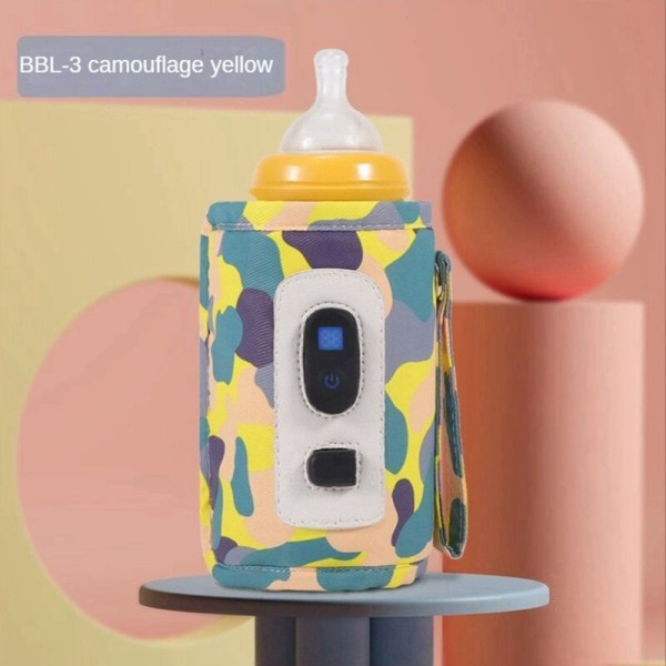 Universell USB-mjölkvarmare Resväska för barnvagn Isolerad väska Digital display Babyflaskvärmare -Gul Camouflage