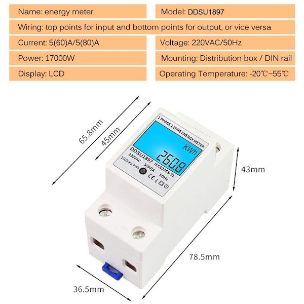 Digital Elmätare Enfas DIN-Skena Elmätare Enfas Tvåtrådig Multifunktions Elmätare, med Bakgrundsbelysning, Vit