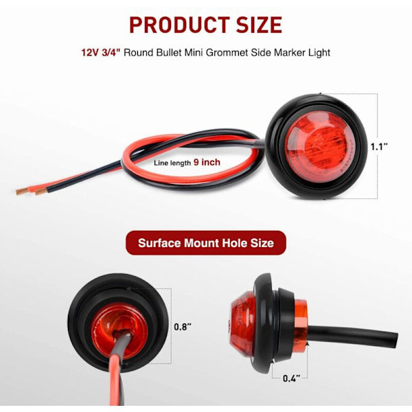 10 stk. 3/4 tommer runde LED sidemarkørlys lastbil position til RV bil bus trailer campingvogn