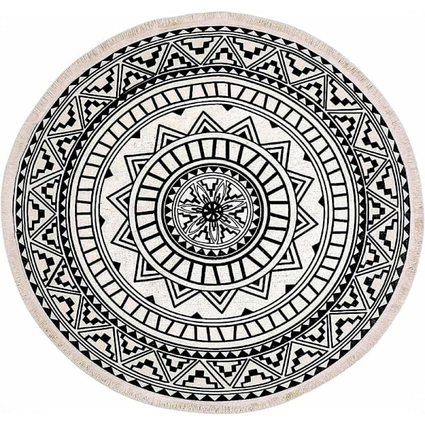Pyöreä matto, 120 cm, hapsutettu pyöreä matto, liukumaton, käsin kudottu ja helppo puhdistaa, boheemi mandala-kuvio, puuvillamatto-Fei Yu