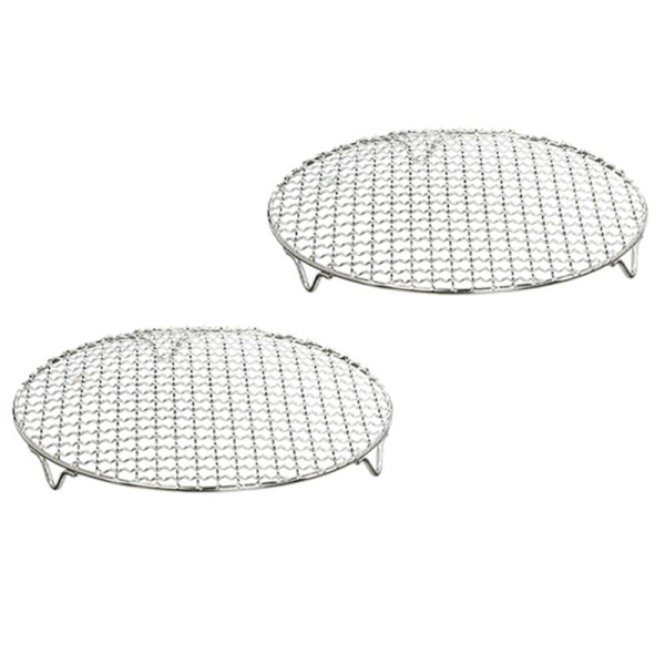 2X Mesh Net 304 Rustfrit Stål Rund Grill med Stativ Grillfod Dampkurv