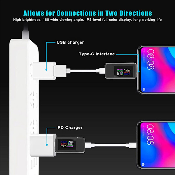Type-C USB-strømmåler 4-30V USB-C spenning strømtester Timing Amperemeter 10 i 1 USB-C ladefarge skjerm, hvit