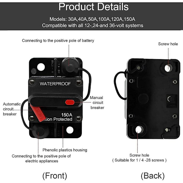 Auton piirikatkaisija 30A - 150A, DC 12V - 48V vedenpitävä piirikatkaisija manuaalisella nollauksella moottorille Auto Car Marine Boat Bike Stereo Audio, 150A