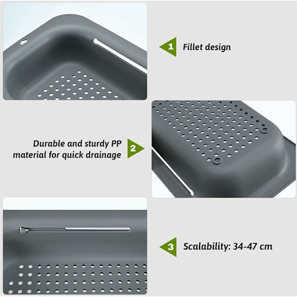 Expanderbar diskhossil, livsmedelssäkert PP-material, effektiva dräneringshål, snabbtorkande diskställ, lätt att rengöra och hållbar. (Mörkgrå)