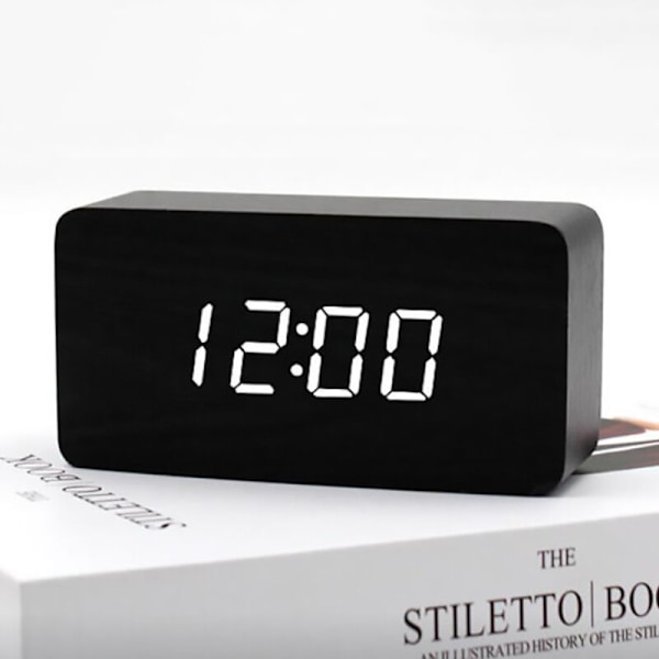 Digital väckarklocka i trä med justerbar ljusstyrka, röststyrning, LED-klocka, rektangulär display, tid, temperatur, heminredning - Fei Yu