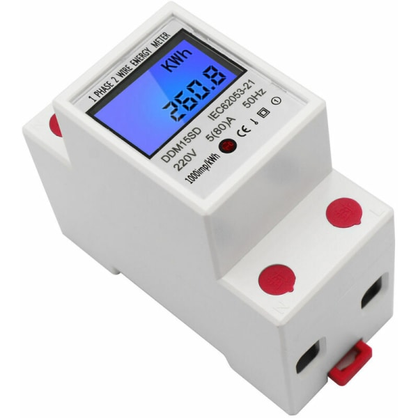 EDF Meter Enkeltfase DIN-skinne Energimåler 5-80A 220V 50Hz Elektronisk KWh-måler med LCD-baggrundsbelyst Digitalt display DDM15SD, Hvid - Hvid