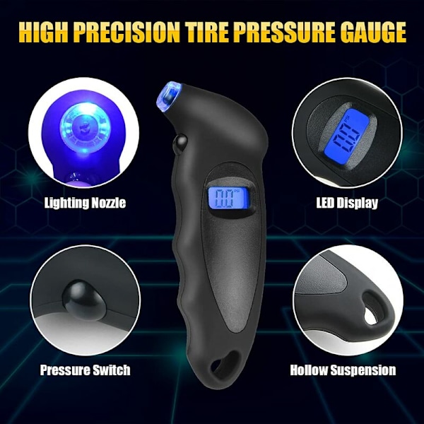 Dæktryksmåler, Digital trykmåler, 150 PSI 4 parametre, Dæktryksmåler til bilmotorcykel, Sort (1 pakke)
