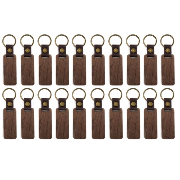 20 Packs Blank Rectangular Wooden Keychains Leather Blank Walnut Wood Keyrings with Key Rings for DIY Engraving Gift