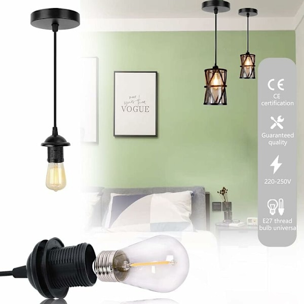 2 stk. E27 Kabelhængende Lampe Pære Hængende Kabel med 100cm Kabel E27 Hængende Lampeholder til Bar Cafe Tøjbutik Hotel (Sort)