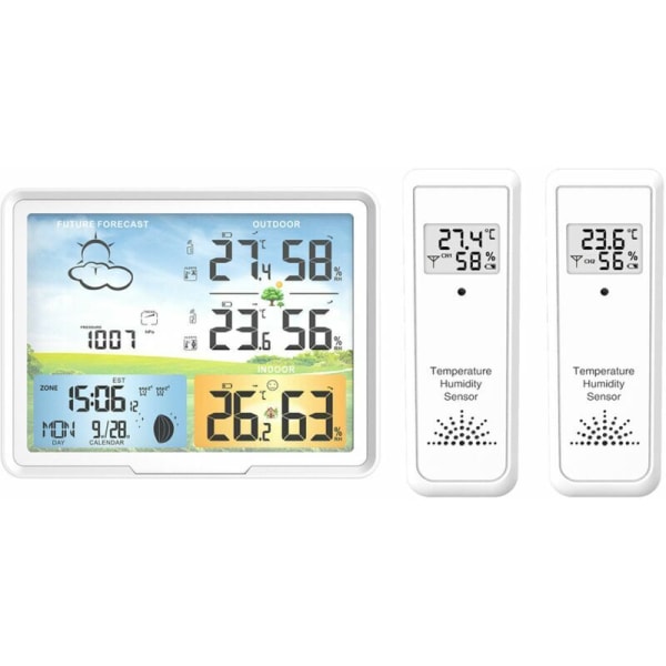 Trådløs vejrstation med 2 udendørs sensorer, radiour indendørs og udendørs vækkeur Temperatur og fugtighed Trådløs vejrstation med C