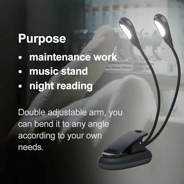 Musiikkitelineen lamppu, 6 LED / 8 LED Mini kaksoispäälamppu säädettävällä klipsillä USB-kaapelilla lukemiseen/kirjaan/pöydälle/sängyn vierelle