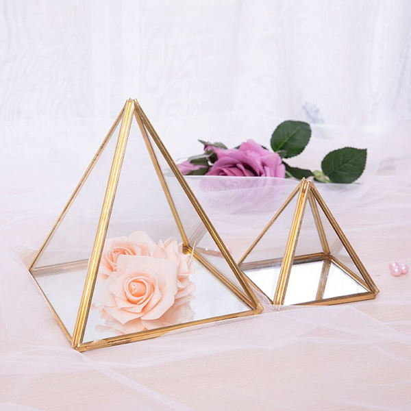 Gyllene geometrisk dekorativ glaslåda pyramid ringhållare för bröllopsårsdagspresent S