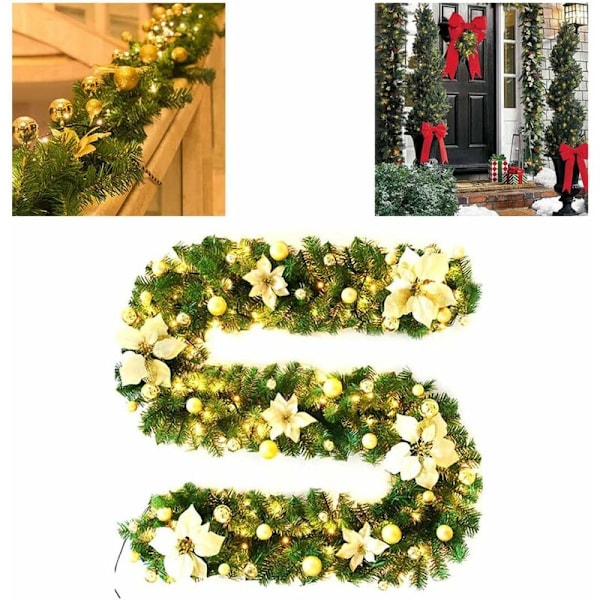 Julekrans med LED-lys, Belysning for Peis, Kunstig Juledekorasjon 2,7m