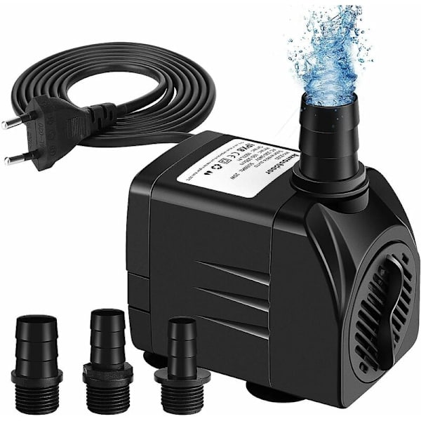 Neddykkelig Vandpumpe, 65w 3000l/h Mini Akvariumpumpe, Justerbar Springvandspumpe til Dam Springvand Akvarium med 3 Dyser, 3m Kabel (Støj 20 til 30