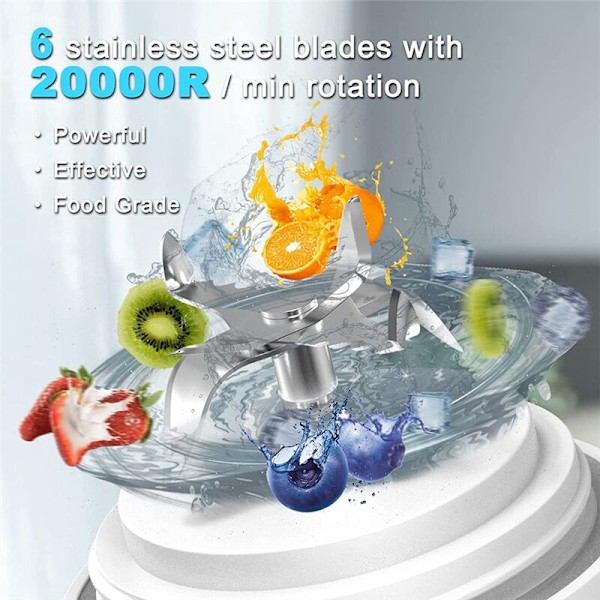 Bærbar Blender, Personlig Blender til Shakes og Smoothies med 6-Blads Mini Mixer 20 Oz til Rejser, Hvid