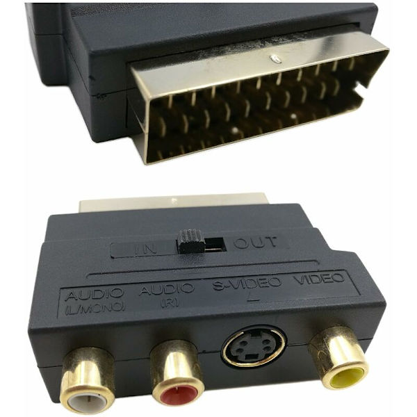 RGB Scart 21-pinninen uros - 3 RCA AV naaras -muunnin + videoadapteri (musta)