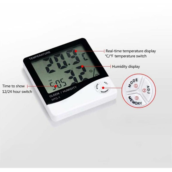 LCD Digital Hygrometer Termometer med Alarmur - Temperatur- og Luftfugtighedsmåling, Hvid Farve, HTC-1 Model