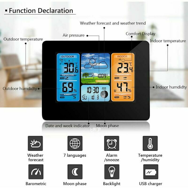 Trådløs vejrstation Digital farveprognose Vejrstation med alarm og temperatur/fugtighed/barometer/alarm/månefase/vejr med udendørs