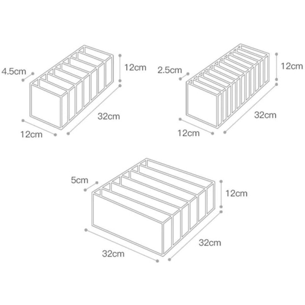 Alusvaatteiden laatikonjakaja, 3 set :n sarja sisältää 6 + 7 + 11 kennoa taitettavat säilytyskaappilaatikon säilytyslaatikot, valkoinen