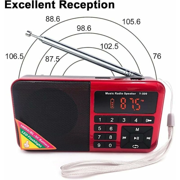 Mini Kannettava FM-Radio USB Micro-SD Ja Sisäänrakennettu MP3-Soitin, LED-Taskulamppu, Ladattava 1500 mAh (Punainen)