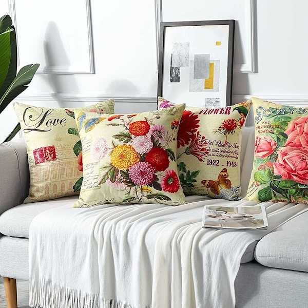 Utekussedekke, sett med 4 vanntette klassiske blomstermønster sofa putetrekk for uteplass hage stue soverom dekorasjon, 45x45cm