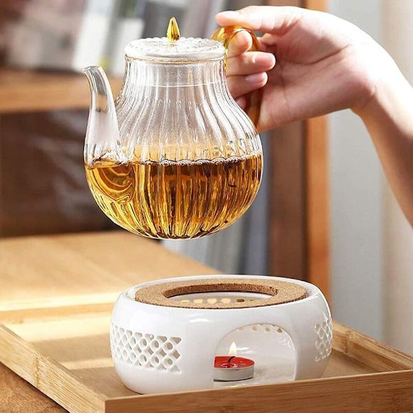 Keraaminen teepannunlämmitin, teepannunlämmitin korkkialustalla, lasiteepannuille ja keraamisille teepannuille