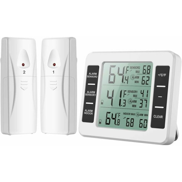 Kyltermometer, Kyltermometer med fryslarm, Trådlös inomhus-utomhus termometer med 2 sensorer, MIN/MAX och temperaturlarm, Connec