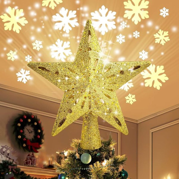 Joulukuusen Tähtivalo Kiertävällä LED-Lumivyöryprojektori, 2 in 1, Kultahiukkaset, 5 Pistettä, 24cm, Joulukuusen Koristeluun (Kultainen)