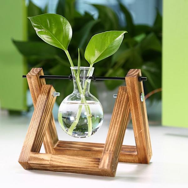 Träställ Transparenta Glasväxtbehållare Stående Hydroponisk Växt Blomkruka Heminredning Dekor (Stativ med 1 Kruka)