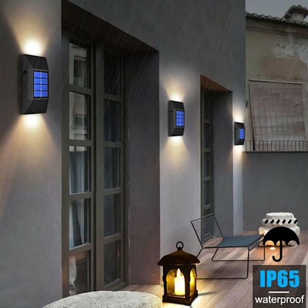 2 Pak Solcelle LED Op & Ned Lys Udendørs IP65 6 LED Solcelle Vægslys Op og Ned, Solcelle Vægslys til Udendørs, Have, Have - Hvidt Lys