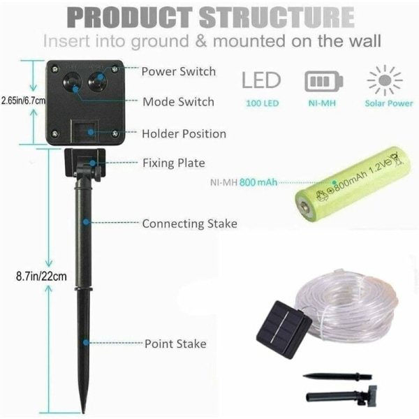 Solcelle lysstrimmel, 100 LED kobberrør ledninger lys 8 tilstande udendørs solcelle lys dekoration til jul have sti hegn træ baghave-