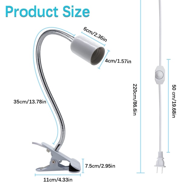 Clip-on lampeholder 2-delt sæt fleksibel bordlampefatning bærbar clip-on lampe med 220 cm kabelindsats clip-on lampeholder 360° rotation clip on