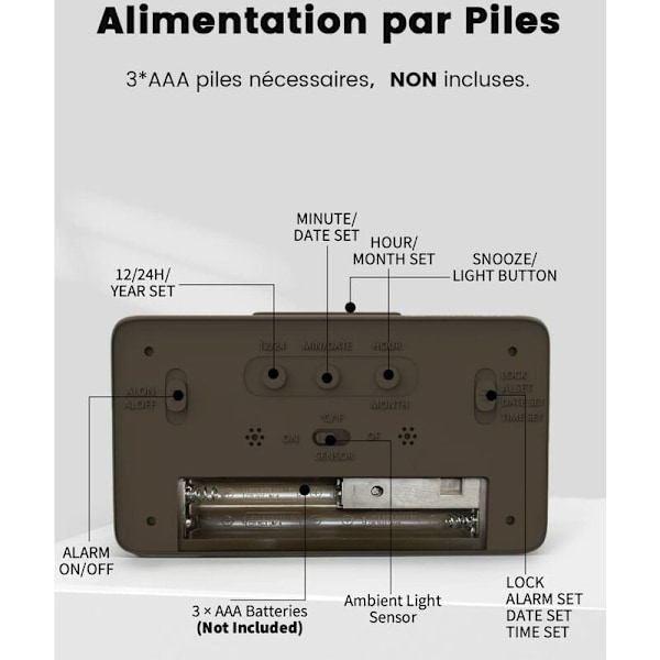 Trä Digital Väckarklocka, LED Väckarklocka Tyst Digital Klocka med Datum, Temperatur, Snooze-funktion, Batteridriven