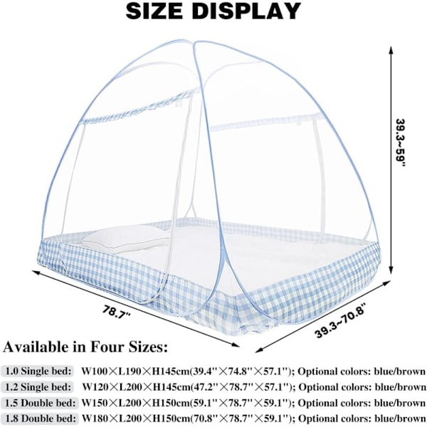 Taitettava sängyn hyttysverkko, Kannettava matkahyttysverkko, Kaksoisovinen leirintähyttysverho, 180 x 200 cm Helppo asentaa kupuhyttysverkko - Sininen
