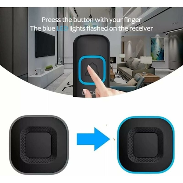 Trådlös dörrklocka, Smart LED-dörrklocka för hemmet, 3 dörrklockor, 2 knappar, svart