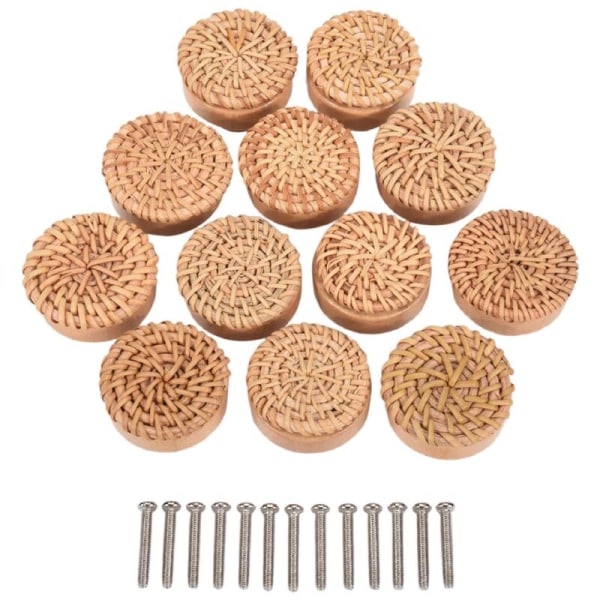 Boho Rattan Dørhåndtak Håndvevd Flettet Rundt Tre Skuffeknapper og Skruer for Boho Møbelknapper 12 Stykker