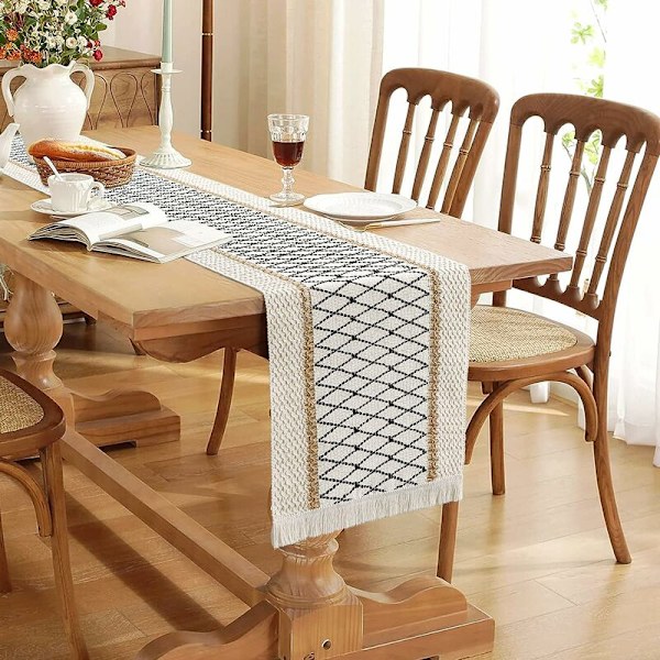 Rustikk Makramé Bordløper med Kvaster, Håndvevd Bomull og Jute - Rustikk Stil - for Kjøkken, Spisestue - 30,5 x 274,3 cm