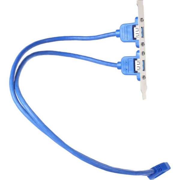 Emolevy PCI -tukisarjan kaapeli kahteen USB 3.0 -porttiin tietokoneen kotelon takana 20-nastainen liitinjohdon sovitinkaapel, sininen