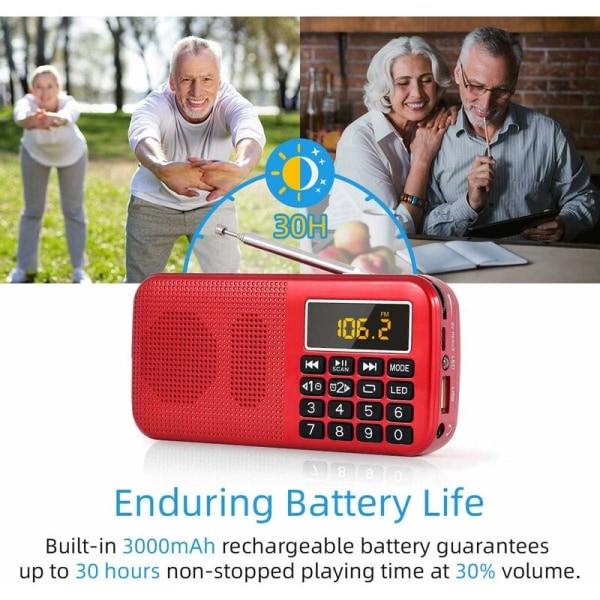 Bärbar radio, FM-radio med stor kapacitet uppladdningsbart batteri (3000mAh), stödjer MP3/SD/USB/AUX, röd