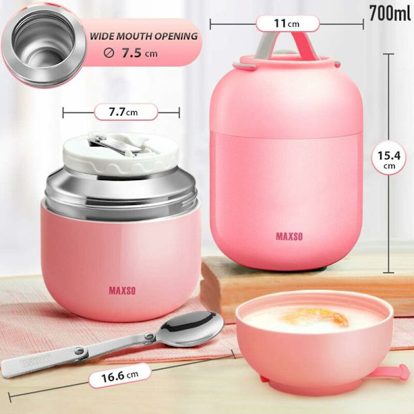 Isolerad matbehållare, 700 ml bärbar läcksäker termos med hopfällbar sked i rostfritt stål, matbehållare för skola, kontor, camping, rosa-