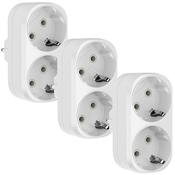 3 stk stikkontaktadapter, 2 i 1 dobbel trippelstikkontakt 16A/250V, 3680W maks multistikkontakt dobbeltstikkontakt EU-pluggadapter