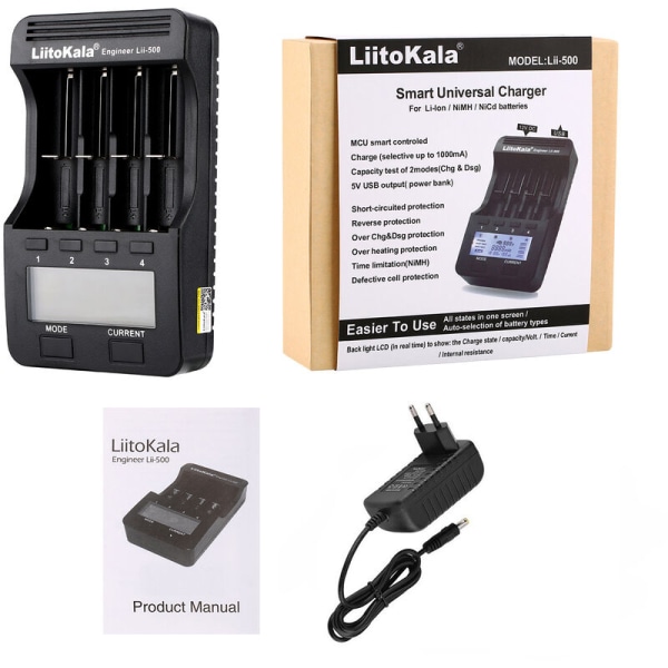 Lii-500 batterioplader Intelligent oplader med 4 batteriåbninger LCD-skærm til Ni-Mh Ni-Cd Li-Ion genopladelige batterier Support, (oplader)