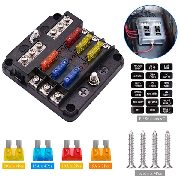 5X 6-veis vanntett sikringsboks, med LED-indikator 12 kretser Marine negativ boks for lastebil RV båtbil DC 12/24V