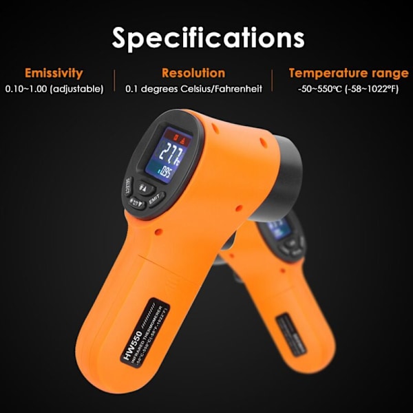 HW550 Industriell Sensortermometer -50-550°C Håndholdt Infrarød Termometer Berøringsfri LCD-Skjerm Termometer, Oransje