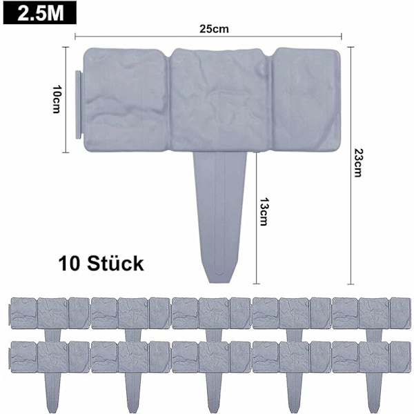 Steinutseende plen - Fleksibelt plastgjerde for hage - Kanting for plenklipping - Hagepalisade - Perfekt som dekorativt gjerde for palisade (10 deler/2,5 m)-