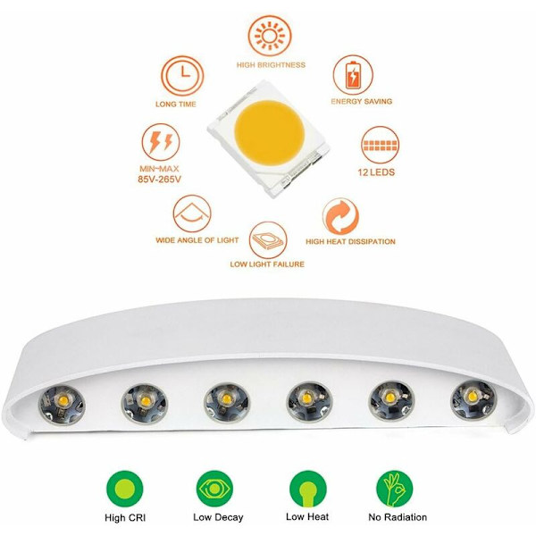 12W LED Indendørs Vægskinne Hvid Moderne Vægslampe, IP65 Vandafvisende Aluminium Udendørs Vægskinne, Op-Ned Spotlys til Stue Soveværelse Gang