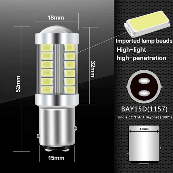 2 st 1157 BAY15D LED Billampa Vit 900LM Super Ljus LED Backljus 12V